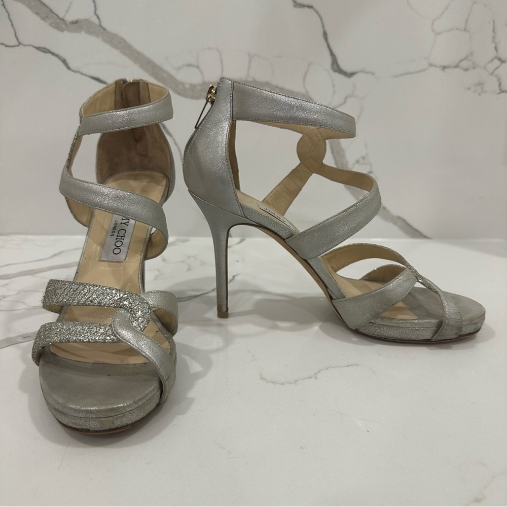 Jimmy Choo Authentic Designer Glittering Silver High Heels - Picture 11 of 16